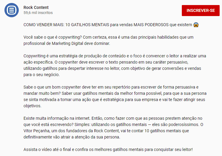 descrição de um vídeo no YouTube