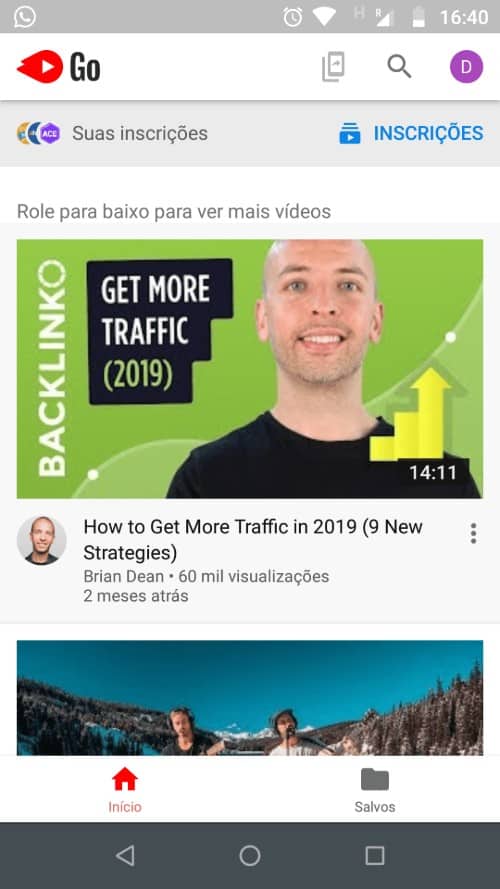 página inicial Youtube Go