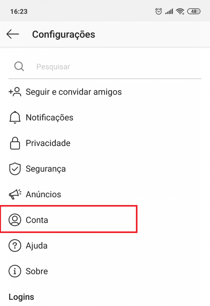 Configurações de conta do Instagram.