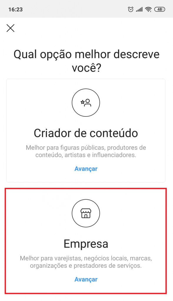 Perfil de empresa no Instagram.