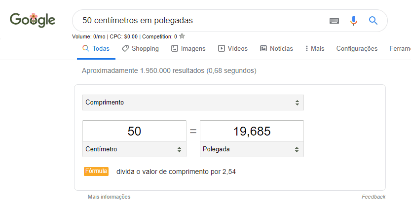 50 centímetros em polegadas