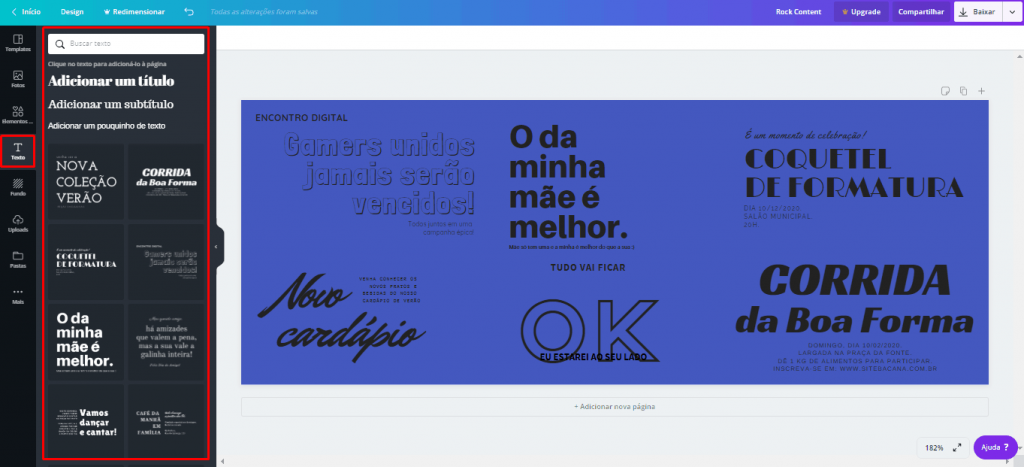 opções de texto no canva
