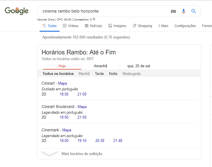 Horários no cinema