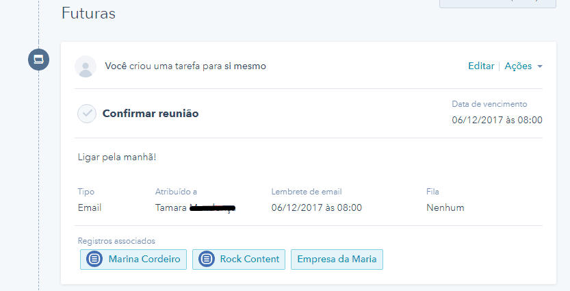Tarefas relacionadas no menu Futuras na Hubspot