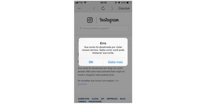 ação bloqueada no instagram