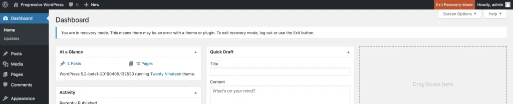 erro crítico wordpress admin recovery mode