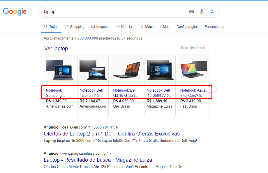 busca por laptop no Google apresenta resultados com notebook