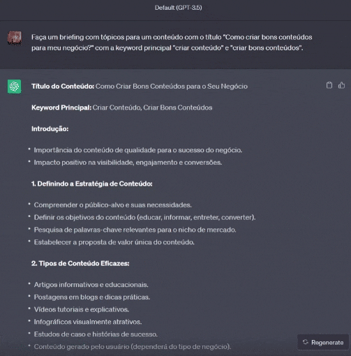 Interface do Chatgpt criando um briefing com o primeiro prompt da lista desse post.