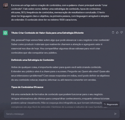 Interface do Chatgpt criando um artigo com o primeiro prompt da lista desse post.