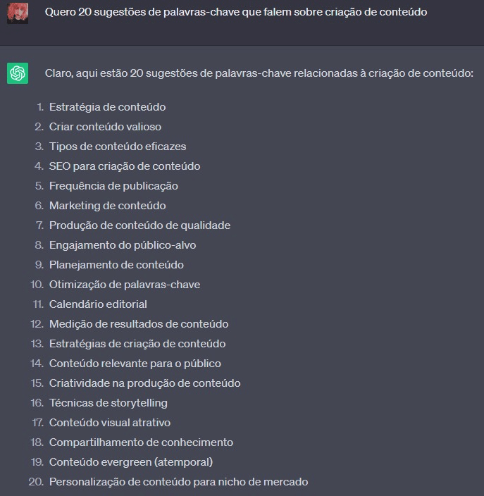 Interface do Chatgpt criando uma lista de palavras-chave com o primeiro prompt da lista desse post.