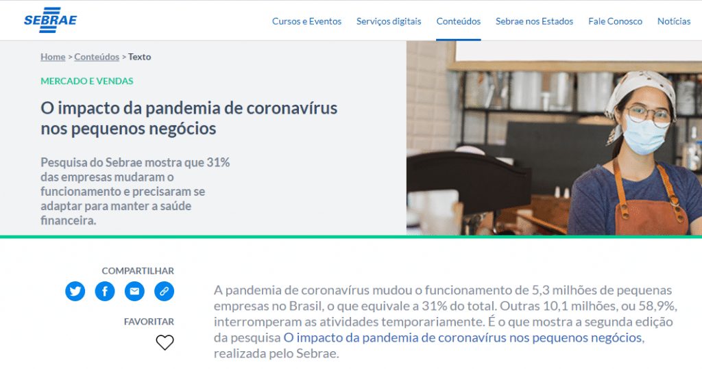 Conteúdo sobre pandemia da Covid-19 do site da Sebrae