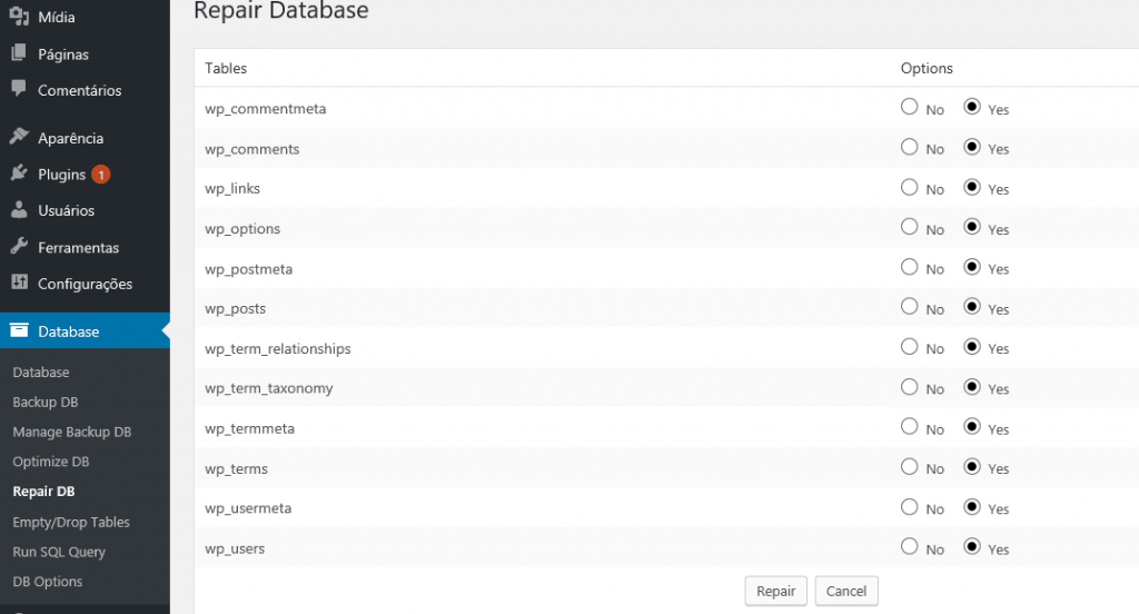 erro no site - repairdb