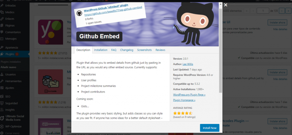 Tela de plugin do github para wordpress