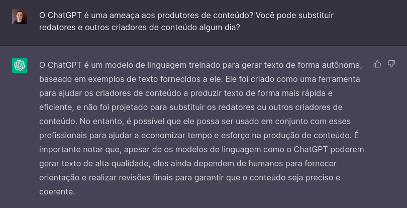 Pergunta ao chatgpt se ele é uma ameaça aos produtores de conteúdo