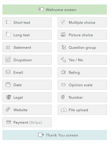 opções de pergunta no typeform