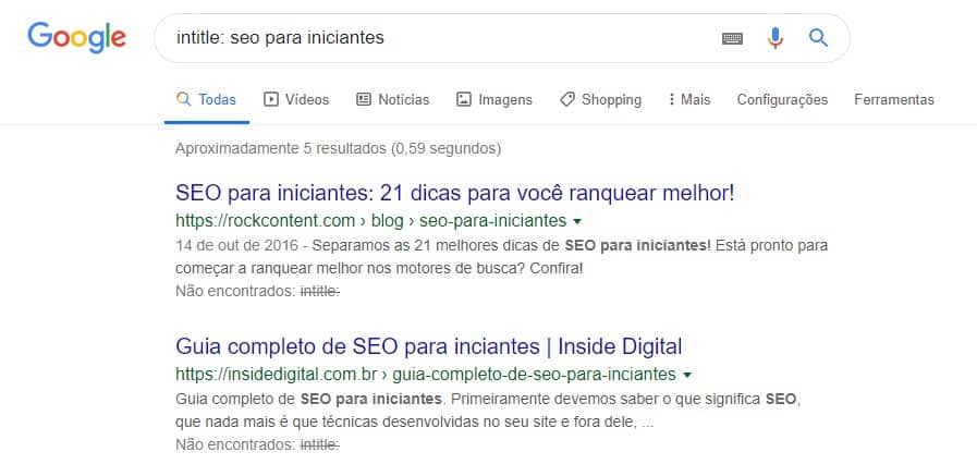 Exemplo de operador intitle em busca avançada do Google