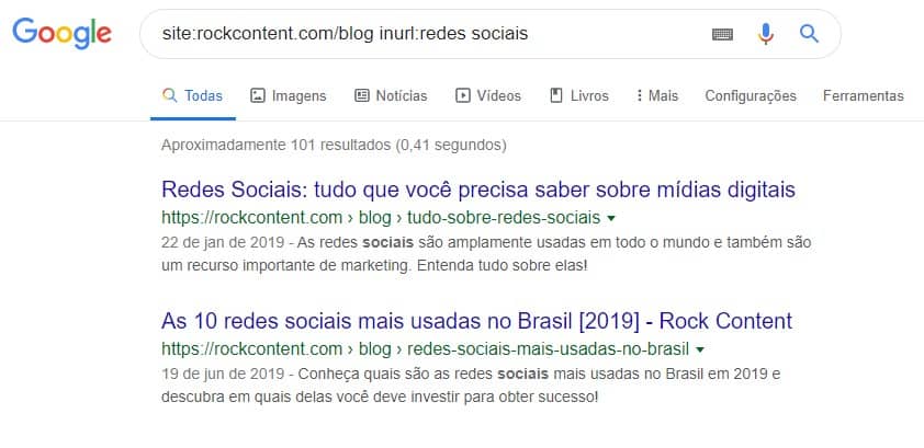 Exemplo de operador inurl em busca avançada do Google