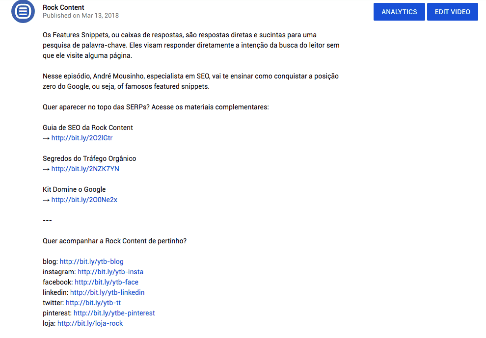 Canal do YouTube com opções de links