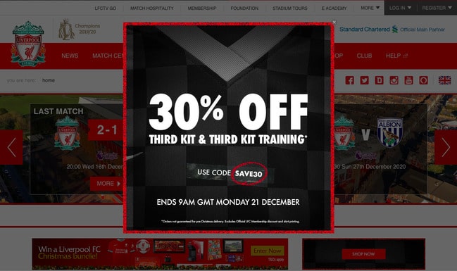 Página intersticial no site do Liverpool