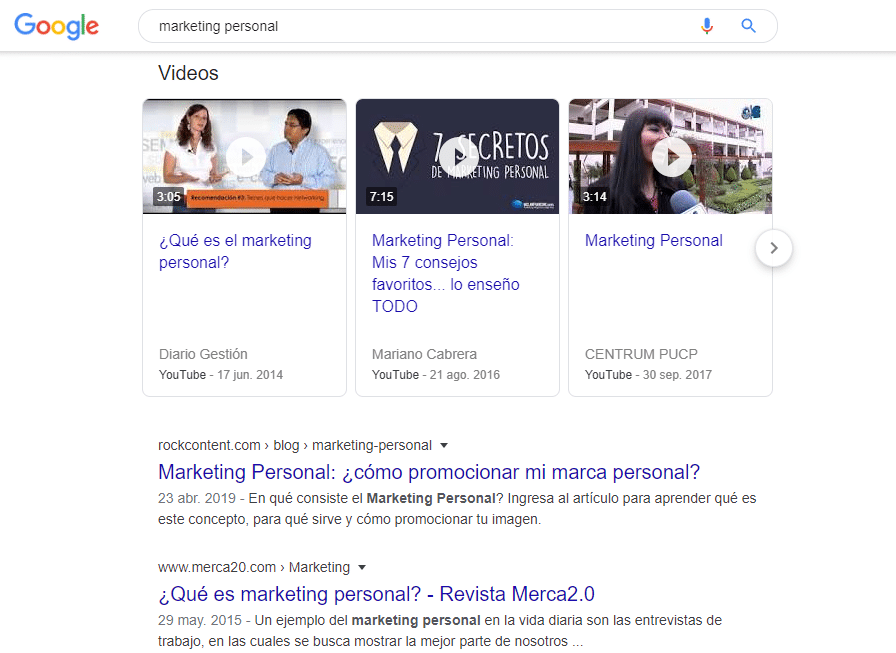 SERP para "Marketing Personal"
