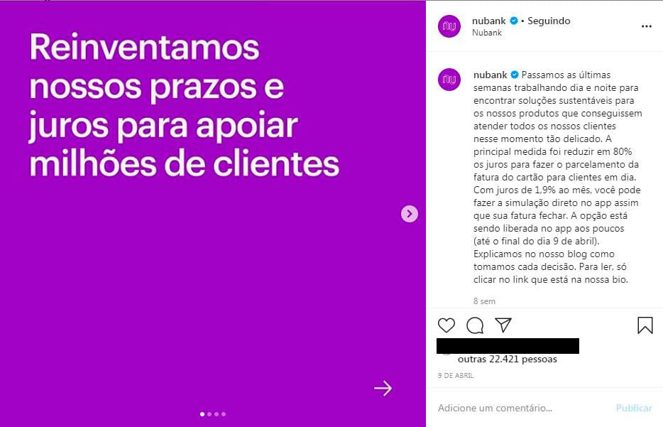 Postagem Nubank demonstrando empatia