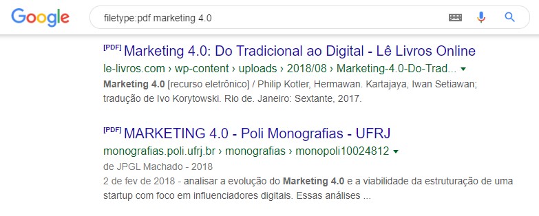 Busca no google para documentos. Antes da busca propriamente dita, digite “filetype:” ou “ext:”.