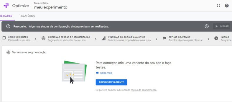 Criar variante no Google Optimize 