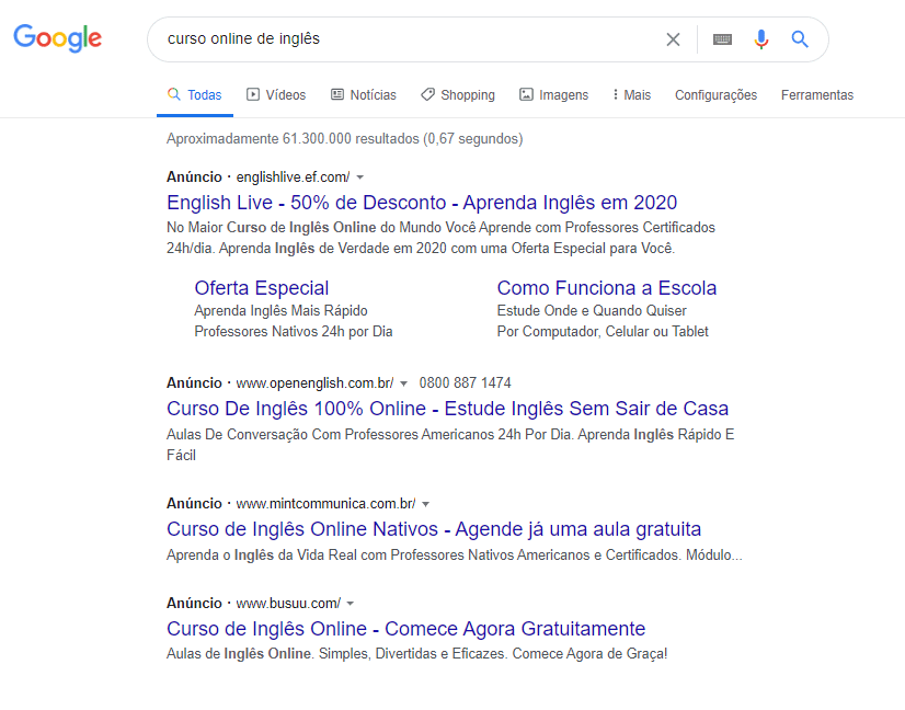 Pesquisa do Google com lista de anúncios
