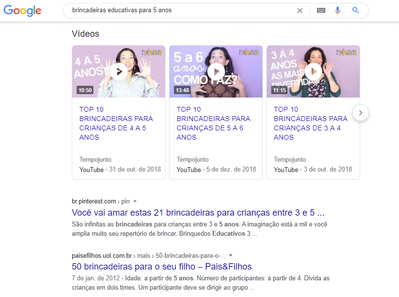 Página de resultados do Google