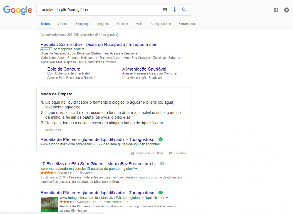 Resultado de busca avançada do Google sem sequência de palavras
