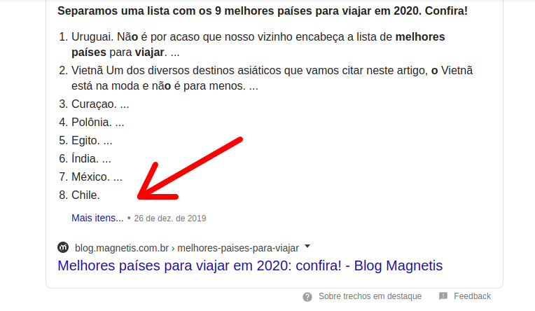 snippets em formato de listas