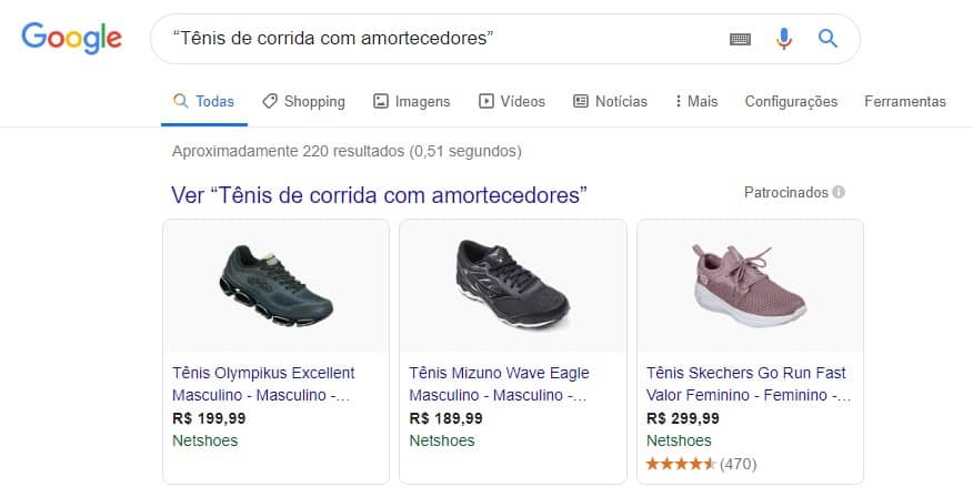 Busca no Google sobre tênis de corrida entre aspas.