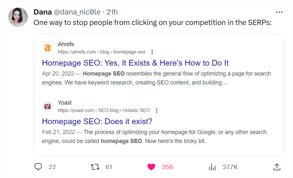 Tweet on a smart way to stop people clicking on your competition on SERP