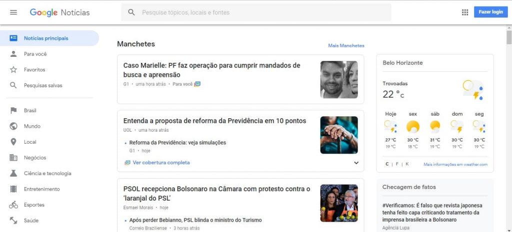 Página inicial do Google News