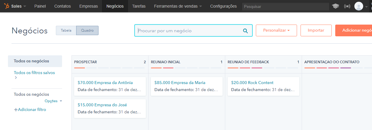 Menu Negócios no pipeline de vendas da Hubspot