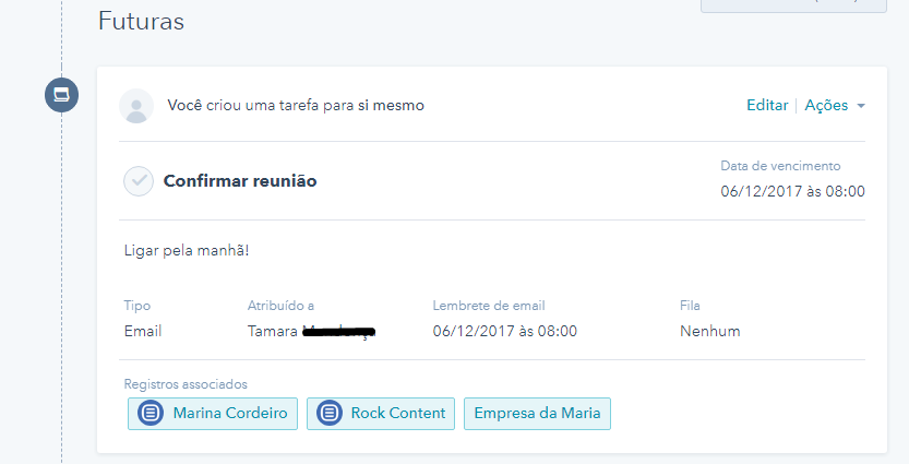 Tarefas relacionadas no menu Futuras na Hubspot