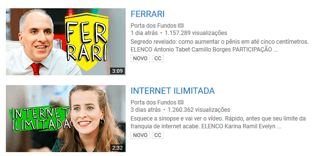 Thumbnails do canal Porta dos Fundos
