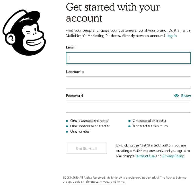 abrindo a conta do mailchimp