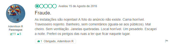 Avaliação negativa sobre hotel