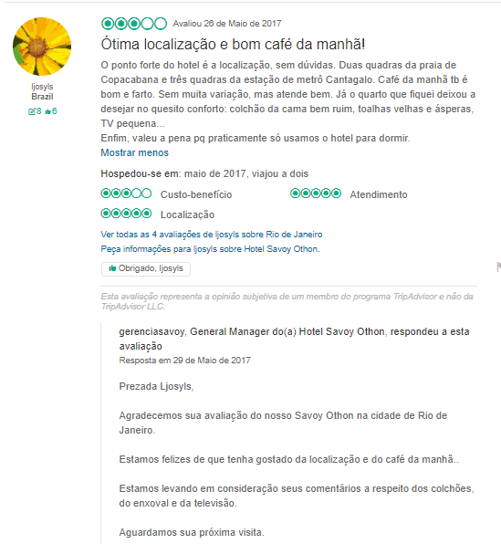 Avaliação mediana sobre hotel