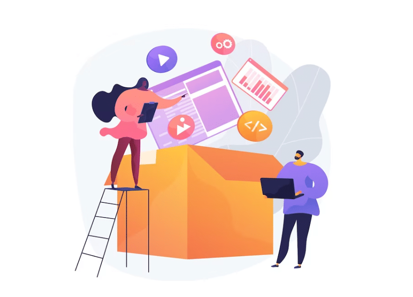 Illustration of two people organizing content in a box